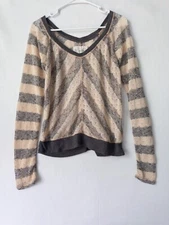 We The Free Sweater Womens L Knit Tan V Neck Striped Boho Pullover