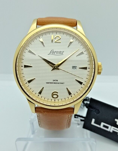 OROLOGIO UOMO LORENZ VINTAGE STYLE CASSA ORO PVD 42mm,CINTURINO PELLE MARRONE - Foto 2 di 7