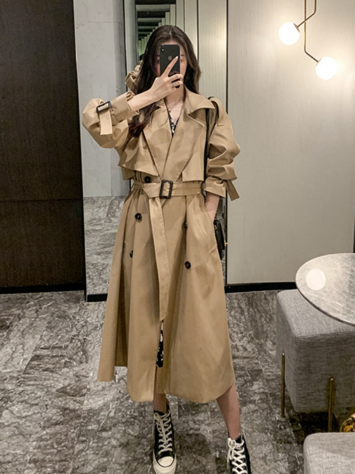 Giacca a vento lunga donna tinta unita revers doppia fila bottoni trench coat