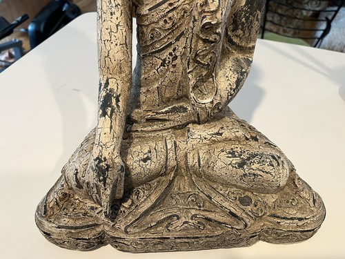 Meditierende Buddha-Statue Teakholz weißgewaschen handgeschnitzt Thailand 14,25 Zoll hoch - Bild 12 von 12