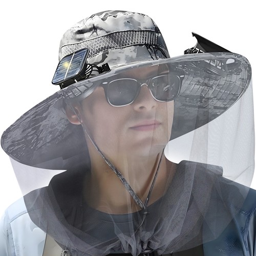 Outdoor Fishing Wide Brim Sun Hat with 2 Solar Fan Men Women Summer Bucket Hats - Picture 10 of 15