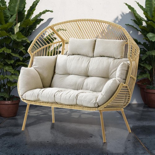 Pocassy Indoor/Outdoor Chaise Lounge Wicker Egg Chair 2-Seat Beige Cushions - Picture 3 of 10