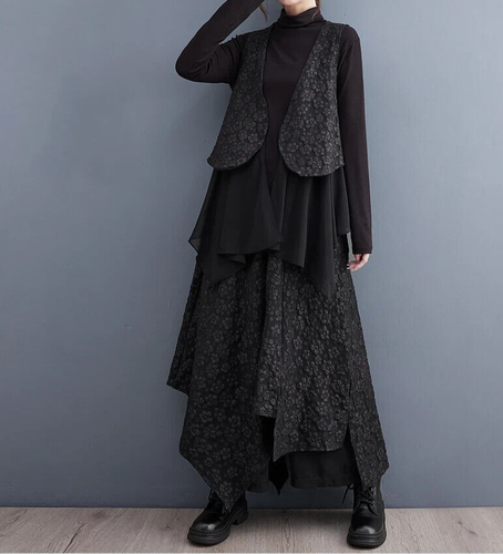 Black Urban 2 Piece Long Edgy Overlay Loose Wide Leg Trouser Waistcoat Top 10 12 - Picture 6 of 18