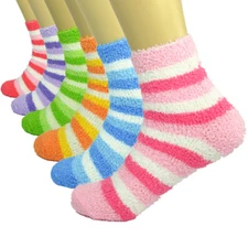(3-10 Pairs) For Women Cozy Fuzzy Crew Striped Soft Socks Winter Home Slipper