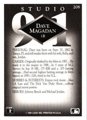 1991 Studio Baseball Cards (201-263 Pick a Card) - Picture 17 of 127