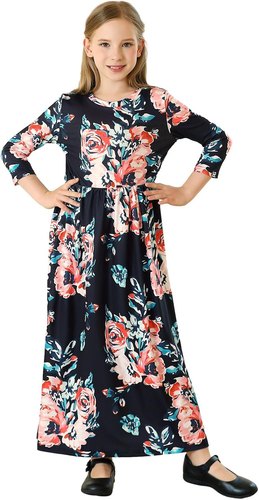 Girls Maxi Dress Floral 3/4 Long Sleeve Dresses with Pockets for Girls 6-12 Year - Picture 6 of 12