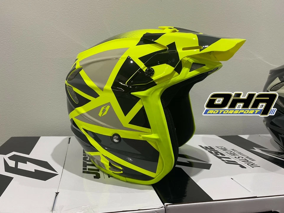 NEW Jitsie HT2 Kozmoz Fibreglass Trials Open Face Helmet - Fluoro Yellow / Black