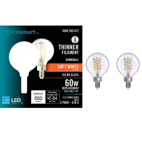 EcoSmart 60-Watt Equivalent G16.5 Dimmable Fine Bendy Filament LED Vintage Ediso - Picture 14 of 16