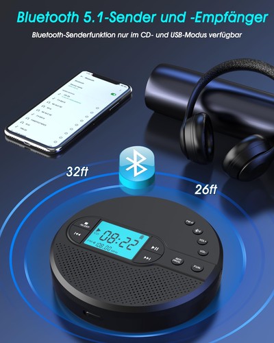 NEU 2025 Bluetooth CD Player Tragbar Discman CD Player mit 2000mAh Wiederaufl... - Bild 3 von 7