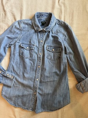 J.CREW Women s Blue Denim Button-Up Shirt Long Sleeve Point Collar Pockets S