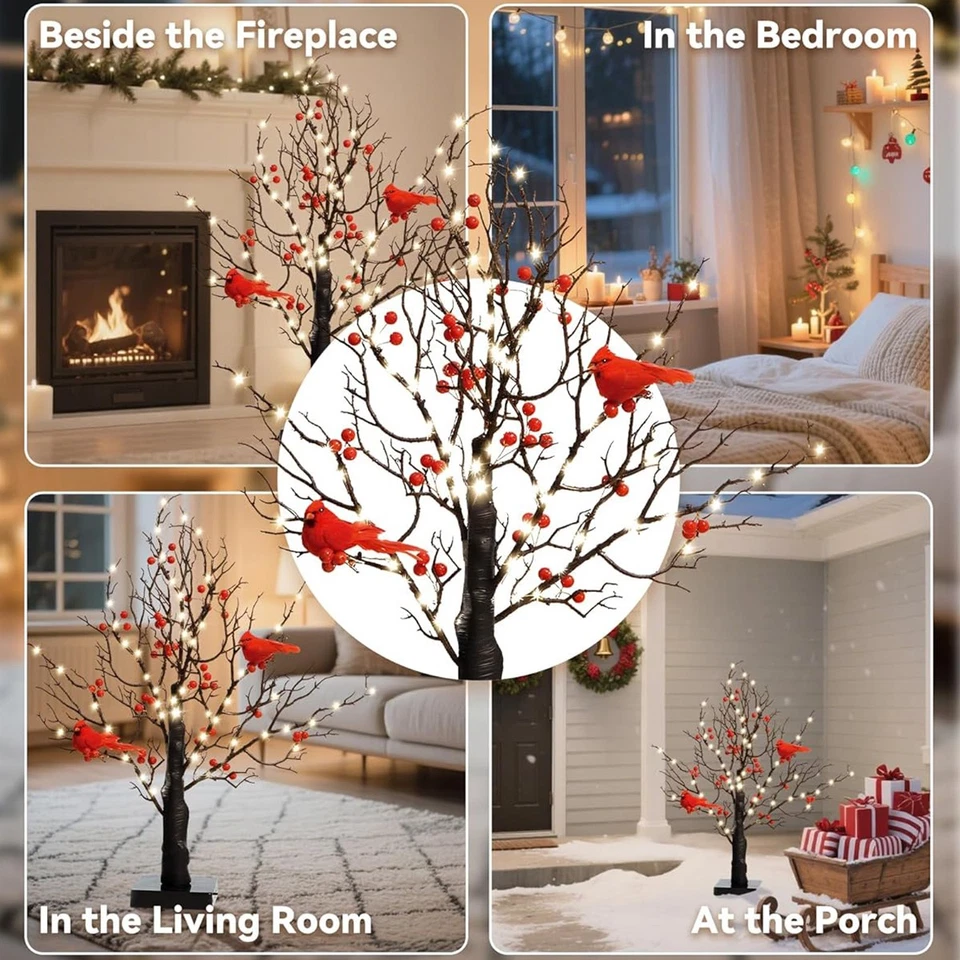 Винтажное светящееся дерево с кардиналами деревья с кардиналами маленькие красные птичьи деревья - Изображение 3 из 4