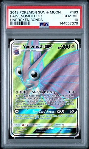 2019 POKEMON SUN & MOON UNBROKEN BONDS #193 FULL ART/VENOMOTH GX PSA 10