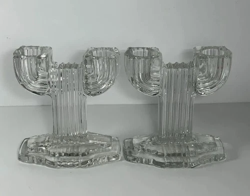 Set 2 Vtg Anchor Hocking Queen Mary Candlestick Holders 1940’s Art Deco Glass