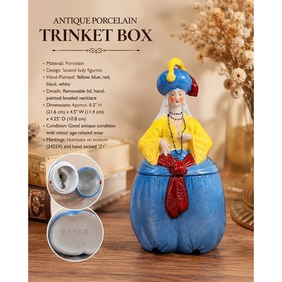 Vintage Porcelain Harem Lady Trinket Box Powder Jar Blue Yellow 23252 Figurine