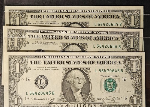3- Circulated  One Dollar Bills With Sequential Serial Numbers 1974 Series - Picture 3 of 8