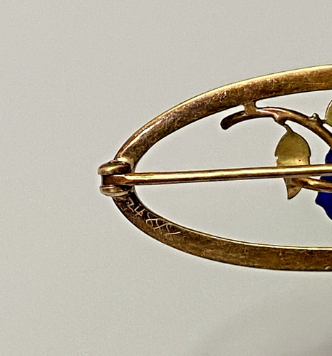 Antique KREMENTZ 14K Gold Enamel Flower Brooch w/ Diamond in Bezel Setting - Picture 11 of 15