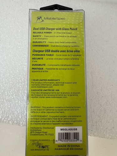USB Charger 3.1 AMP Dual with Emergency Glass Punch Heavy Duty MobileSpec - Picture 3 of 5