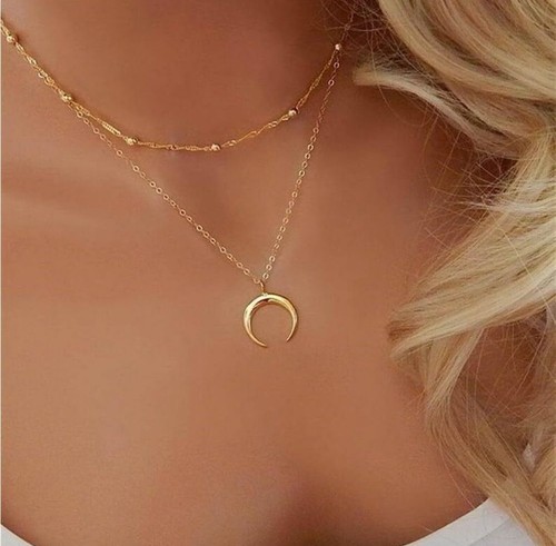 Dainty 14K Gold Plated Beaded Necklace with Crescent Moon Pendant  - Picture 1 of 3