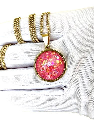 Opal Pendant: Sherbet Pink Fire 20mm Resin Opal in 18-Karat GP Stainless-Steel - Picture 3 of 8