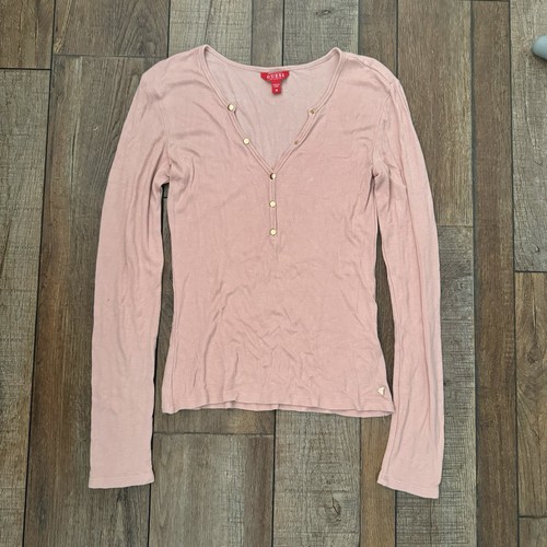 Vintage Guess Pink Henley Long Sleeve Tshirt Women Size M Casual Buttons Ribbed - Bild 2 von 4