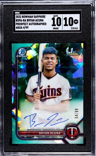 2022 Bowman Sapphire Bryan Acuna 1st Auto Aqua Refractor /99 SGC 10/10 ~ Twins - Bild 2 von 3