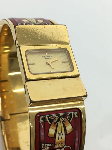 HERMES Womens Watch Location Emaille Cloisonne Bangle Quartz Analog Gold Used - Picture 7 of 8