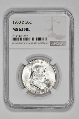 1950 D 50C Silver Franklin Half Dollar NGC MS 63 FBL with New Holder