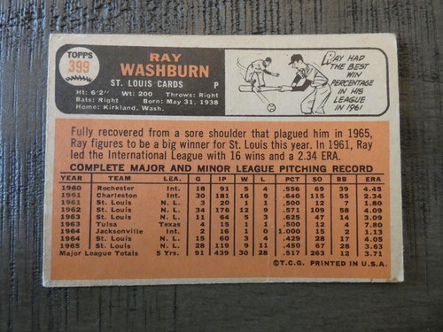 BASEBALL KARTE 1966 ROY WASHBORN #399 - Bild 2 von 2