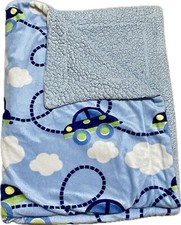 Runt 1478 Baby Blanket Light Blue Green Cars Clouds Plush with Sherpa 28 x 36