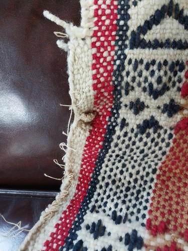 Antique Hand Woven Wool Textile Runner Red Blue Cream - Picture 8 of 10