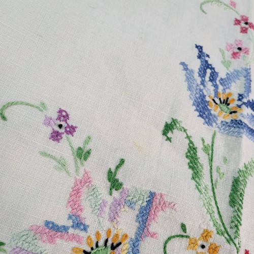 Vintage Tischdecke Handarbeit Leinen Nadelspitze Blumen Kreuzgenäht 64X49" Spitze - Bild 4 von 6