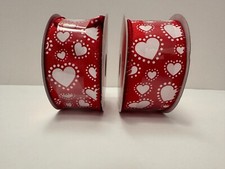 2 x Valentine's Day wired ribbon red with white hearts 1.5in x 10yds   NEW