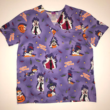 Disney Women  s Scrub Top Small Halloween Trick Treat 101 Dalmations Purple Tie