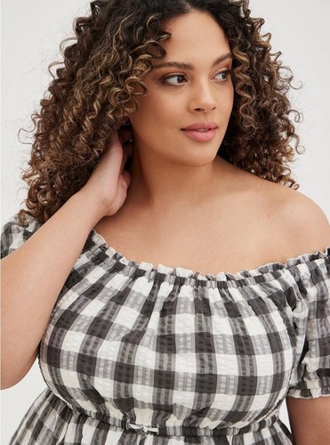 Torrid Off Shoulder Peasant Midi Dress Seersucker Gingham Check Gray White sz 2 - Picture 5 of 21