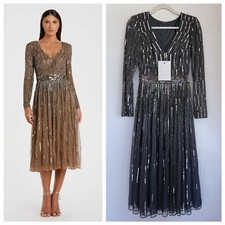 NWT RARE Mac Duggal Sequin Long Sleeve Tea Length V-Neck Dress in Charcoal Gray