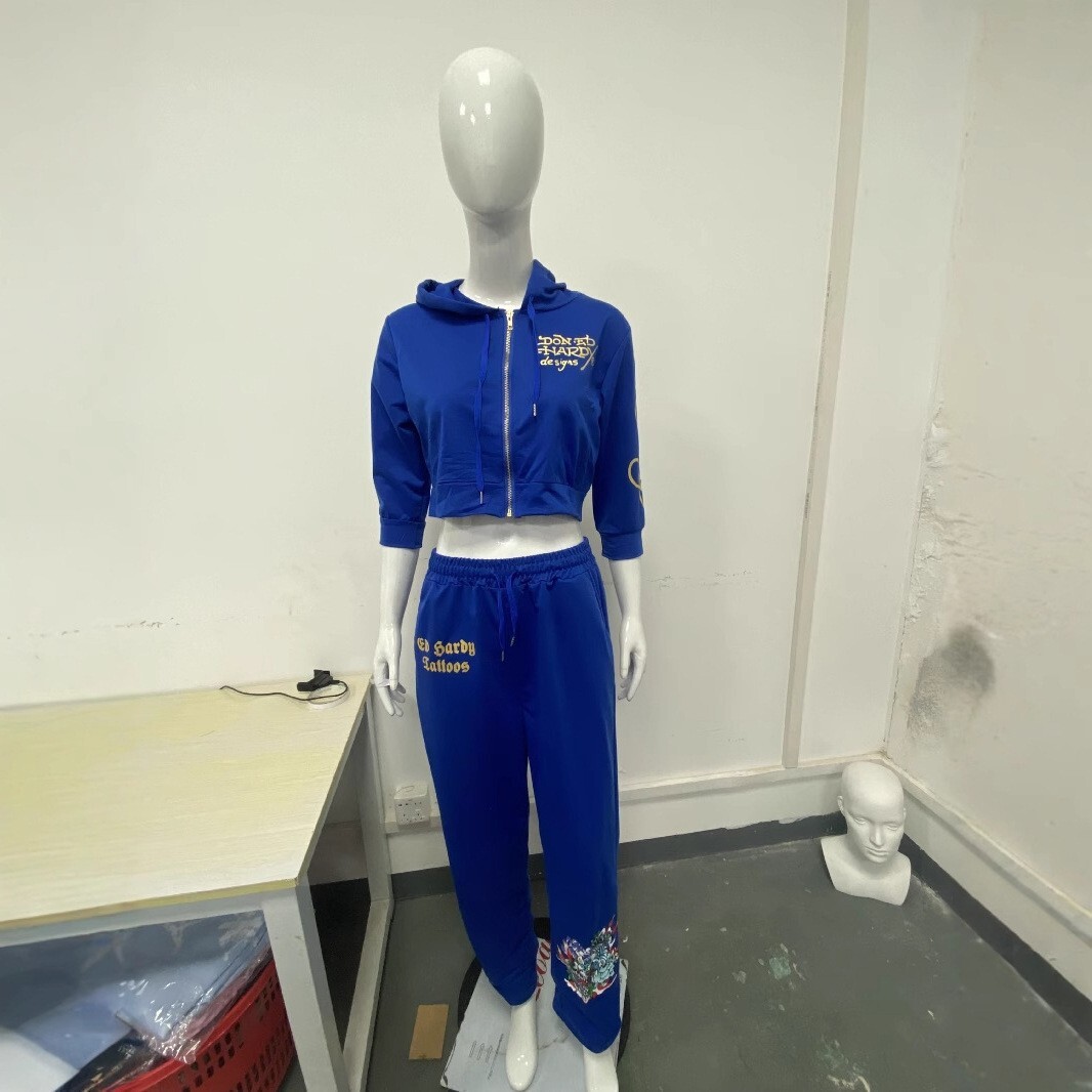 Ed Hardy Y2k Tracksuit Set Croped Zip Up Hoodie And