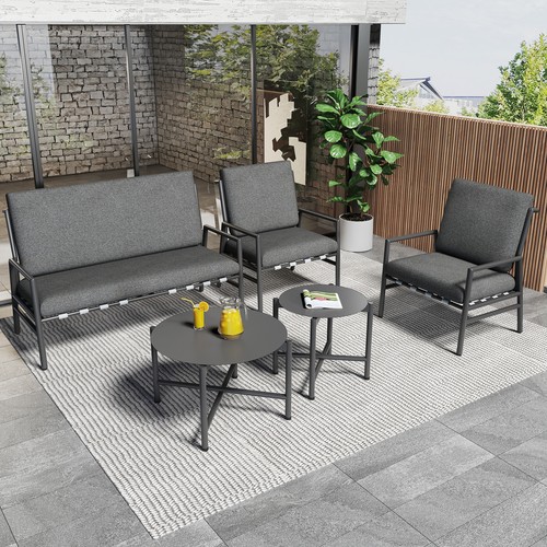 Outdoor Sofagarnitur 4 Sitze 2 Runde Couchtische Mit Riemen Kissen Grau Waschbar - Bild 2 von 23