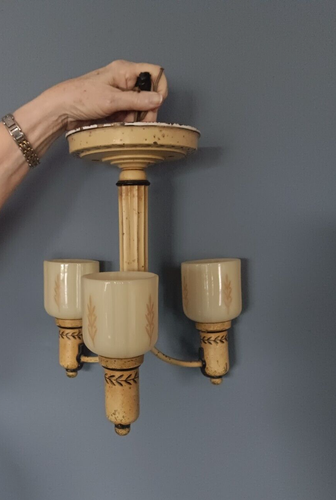 ANTIQUE CUSTARD GLASS SLIP SHADE WHEAT MOTIF CHANDELIER CEILING LIGHT FIXTURE - Picture 2 of 11