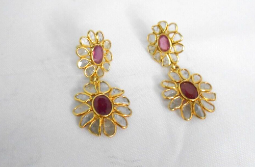 Ruby & Polki Diamond Dangling Earrings in 14k YG Over Sterling Silver (3 g) - Picture 5 of 7