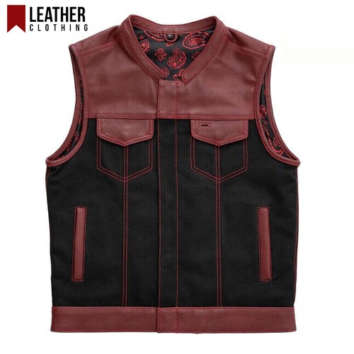 Men's Black & Red Leather Denim Vest Black Paisley Lining Concealed Waistcoat - Picture 2 of 5