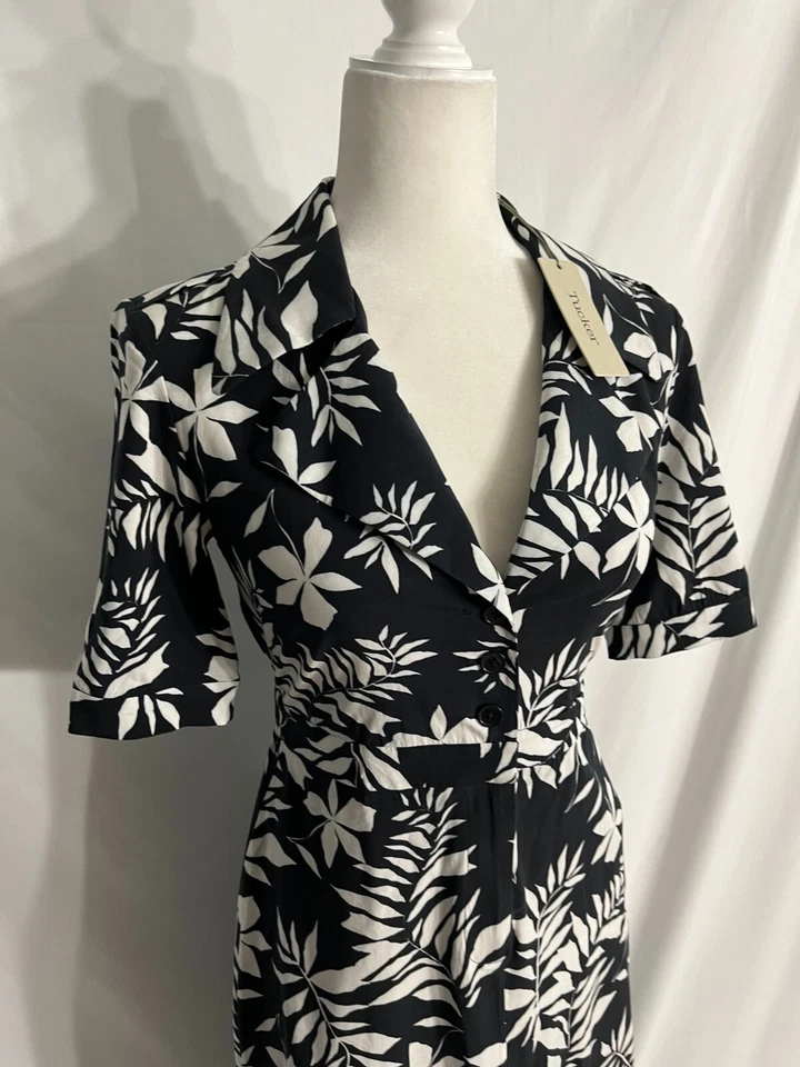 Nuevo con etiquetas Vestido de trinchera Tucker NYC Moonlight Safari Negro Blanco Floral XS Manga Corta Foto 2 de 4