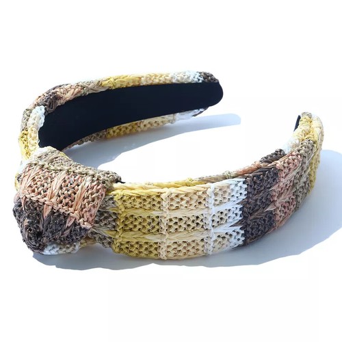 NEW Multi-Color Rainbow Woven Chevron Stripes Raffia Straw Knotted Boho Headband - Picture 5 of 7