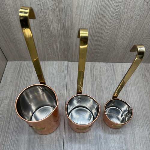 Vintage Copper & Brass Long Handle Measuring Set of 3 Stack or Hang - Picture 5 of 8