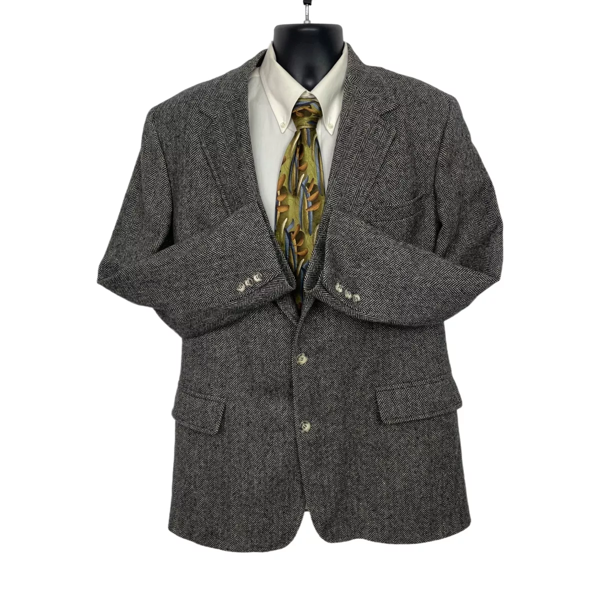Vintage Brooks Brothers Wool Tweed Blazer Sports Coat Black Herringbone Mens 42L