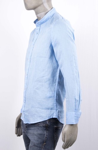 BUGER CAMICIA BIANCA E CELESTE IN LINO 100% COLLO COREANA M-LUNGA REGULAR FIT - Foto 8 di 10