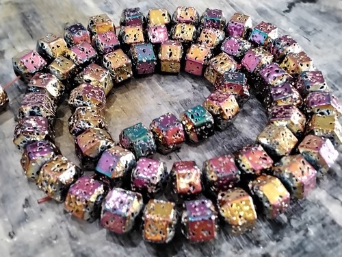 Electroplated Lava, Bumpy, Hexagon, 8x7x6.5mm, Rainbow, Approx 50pce. - Picture 1 of 4