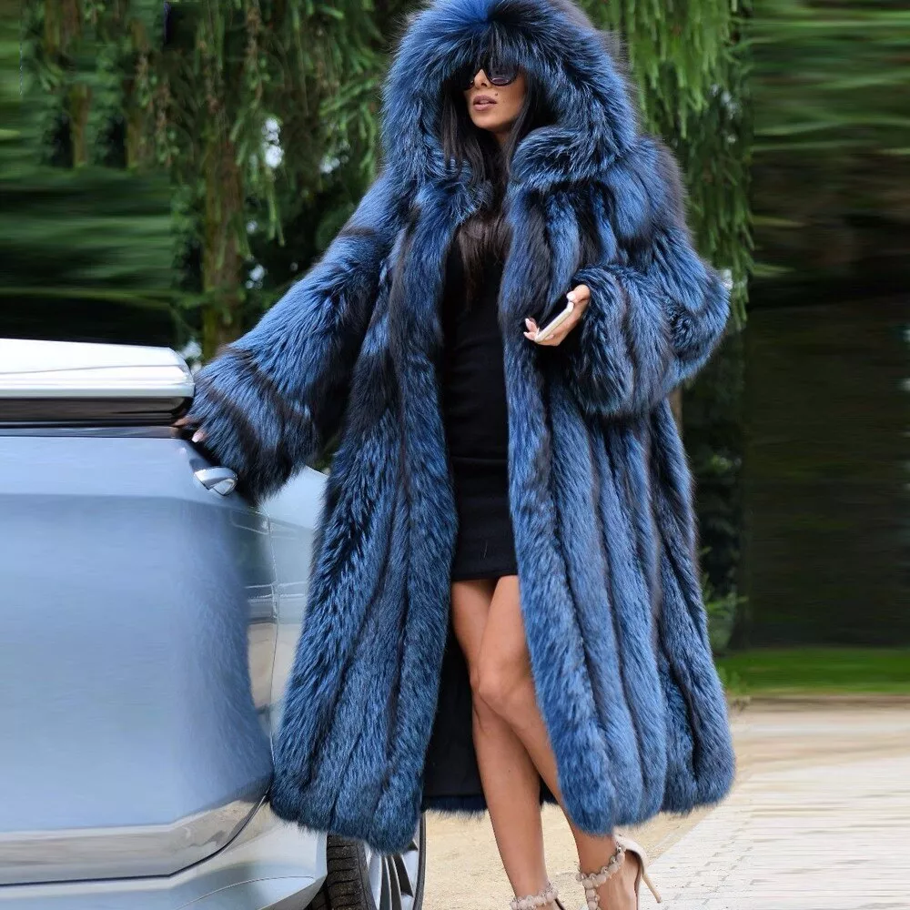 110cm Luxury Women Full Pelt Real Silver Fox Fur Coat Hoodie Thick Warm  Overcoat