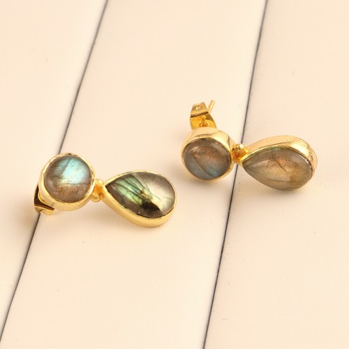 Best Selling Peridot Quartz Labradorite Yellow Gold Plated Drop Dangle Earrings - Picture 13 of 21