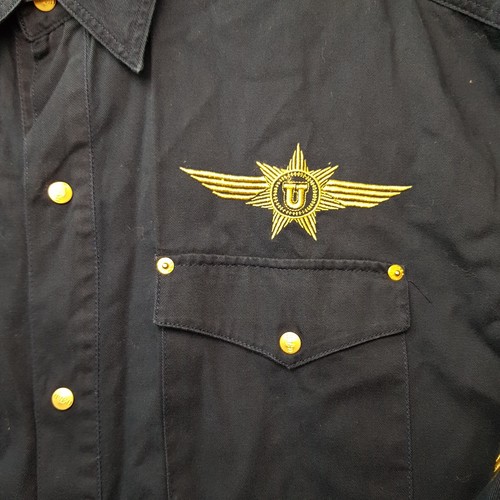 Camisa de mezclilla Get Used by Elie para hombre manga larga XL piloto vuelo ejército bordado dorado - Imagen 10 de 14