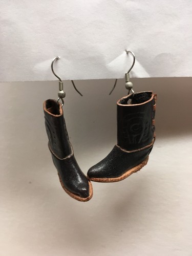 Miniature Leather Cowboy Boots Earrings Black Pierced - Picture 3 of 9